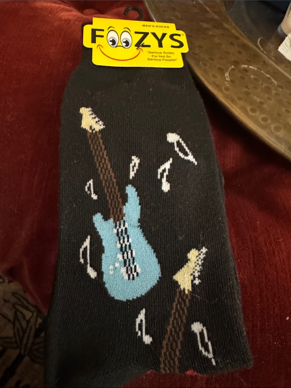 Foozys Men’s Black Dress Socks with Blue Guitar Pattern